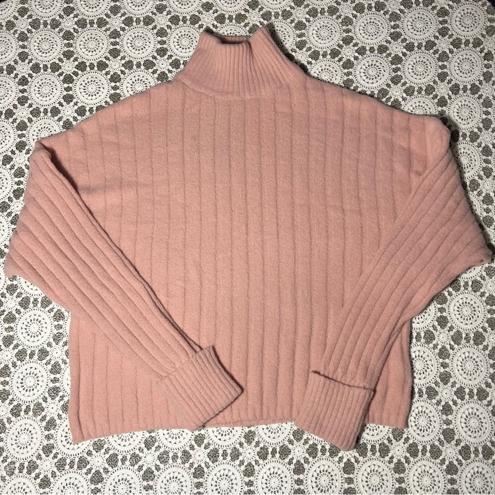 Pink Ribbed Turtleneck Sweater